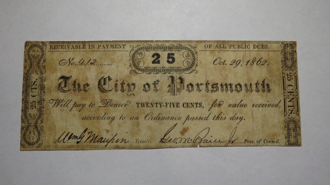 $.25 1862 Portsmouth Virginia VA Obsolete Currency Bank Note Bill City of Port.