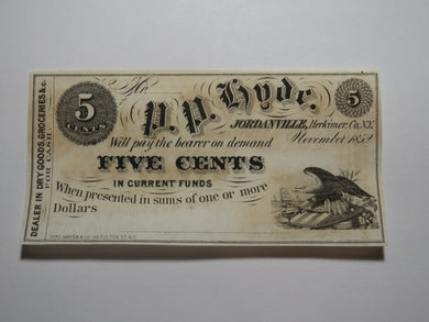 $.05 1852 Jordanville New York Obsolete Currency Bank Note Bill P.P. Hyde UNC+++