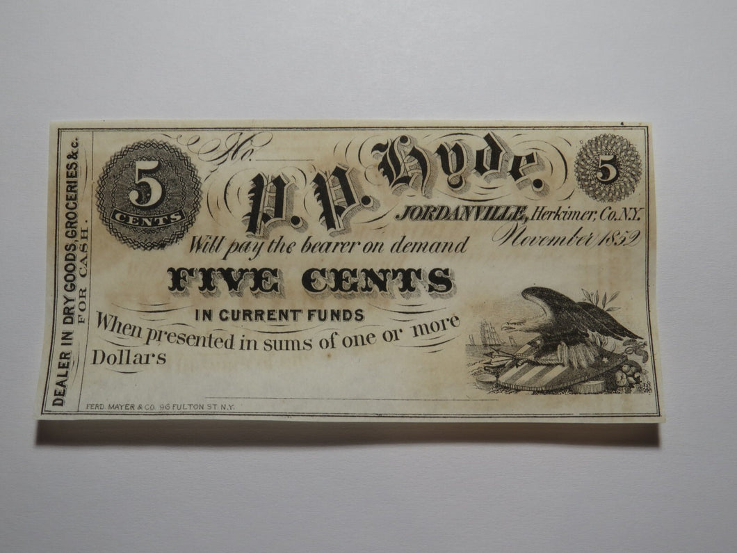 $.05 1852 Jordanville New York Obsolete Currency Bank Note Bill P.P. Hyde UNC+++