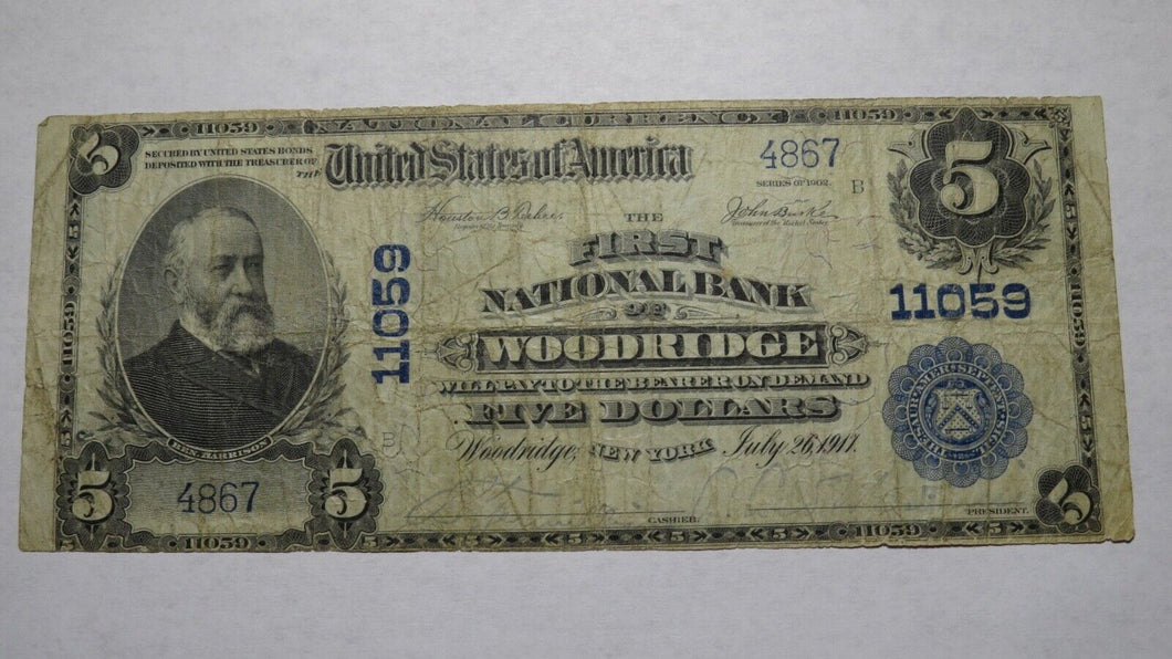 $5 1902 Woodridge New York NY National Currency Bank Note Bill Ch. #11059 RARE