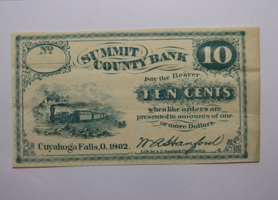 $.10 1862 Cuyahoga Falls Ohio OH Obsolete Currency Bank Note Bill Summit County