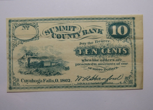 $.10 1862 Cuyahoga Falls Ohio OH Obsolete Currency Bank Note Bill Summit County