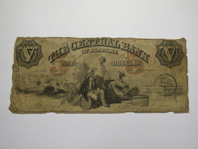 $5 1855 Montgomery Alabama AL Obsolete Currency Bank Note Bill! Central Bank