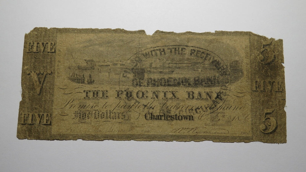 $5 1836 Charlestown Massachusetts MA Obsolete Currency Bank Note Bill! Phoenix
