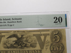 $5 1840 Scituate Rhode Island Obsolete Currency Bank Note Bill The Hamilton Bank