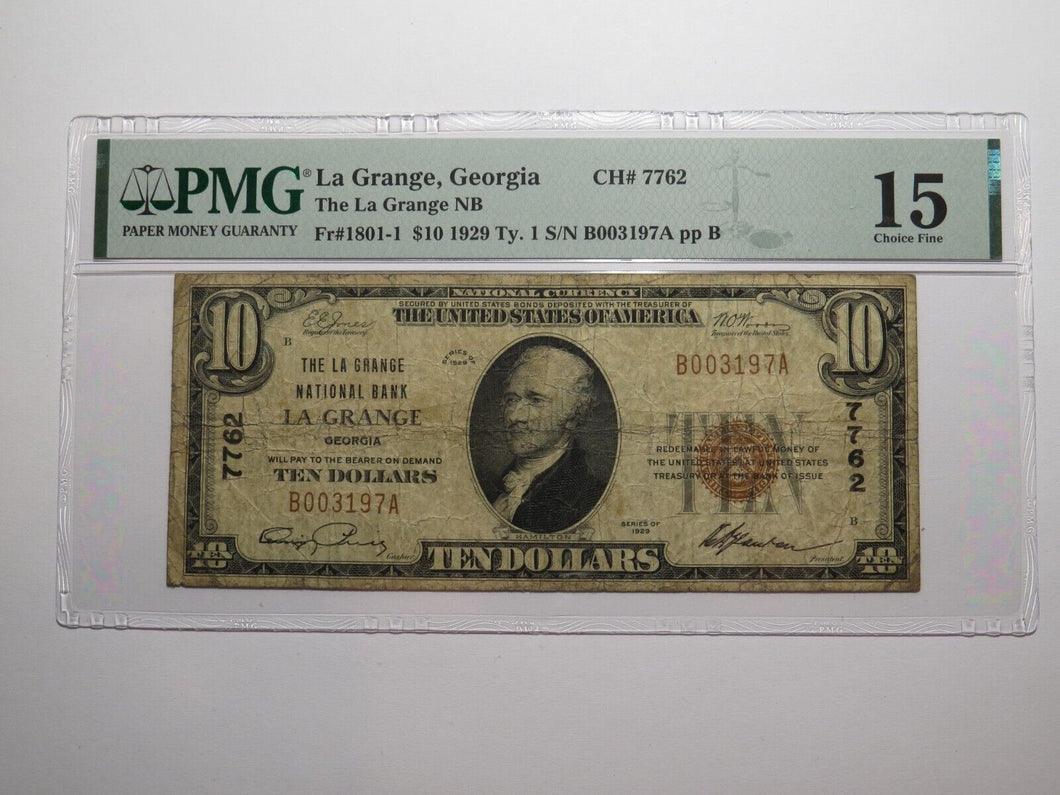 $10 1929 La Grange Georgia GA National Currency Bank Note Bill Ch. #7762 F15 PMG