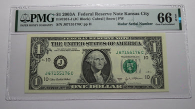 $1 2003 Radar Serial Number Federal Reserve Currency Bank Note Bill PMG UNC66EPQ