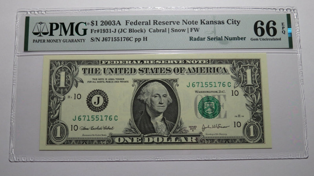 $1 2003 Radar Serial Number Federal Reserve Currency Bank Note Bill PMG UNC66EPQ