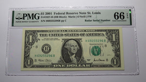 $1 2001 Radar Serial Number Federal Reserve Currency Bank Note Bill PMG UNC66EPQ