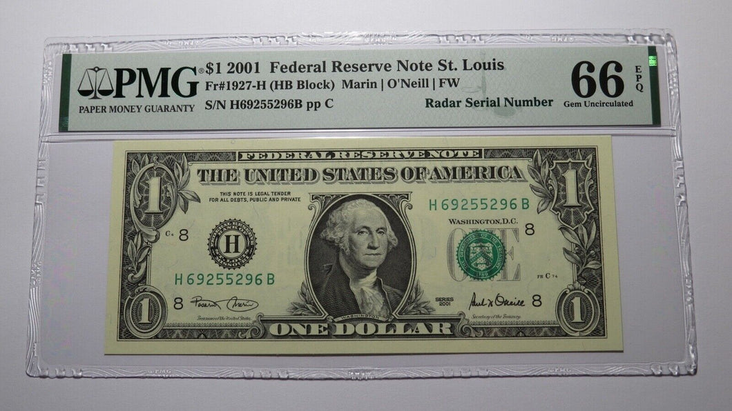 $1 2001 Radar Serial Number Federal Reserve Currency Bank Note Bill PMG UNC66EPQ