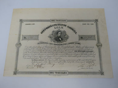 $1,000 1863 Confederate Bond Certificate Currency Bank Note UNC 13.5
