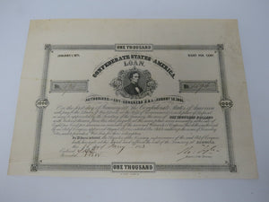 $1,000 1863 Confederate Bond Certificate Currency Bank Note UNC 13.5" X 9.5"