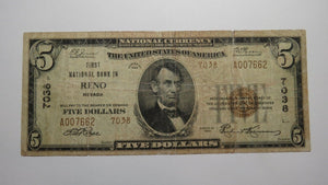 $5 1929 Reno Nevada NV National Currency Bank Note Bill Charter #7038 RARE