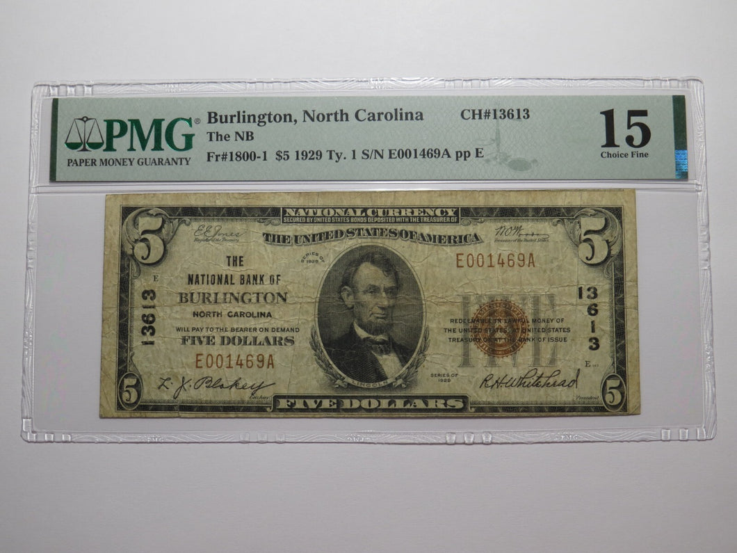 $5 1929 Burlington North Carolina National Currency Bank Note Bill Ch #13613 F15