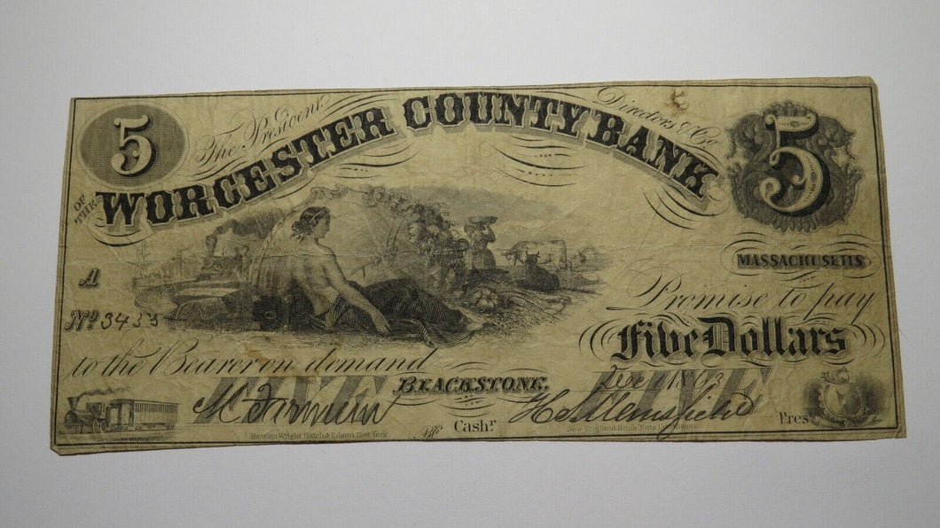 $5 1863 Blackstone Massachusetts MA Obsolete Currency Bank Note Bill! Worcester