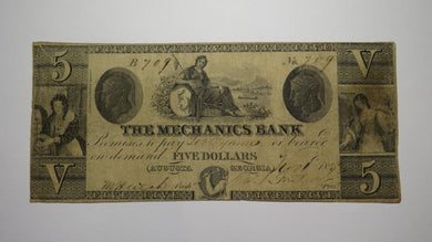 $5 1853 Augusta Georgia GA Obsolete Currency Bank Note Bill Mechanics Gutter