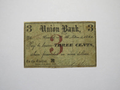 $.03 1862 Concord New Hampshire NH Obsolete Currency Bank Note Bill Union Bank