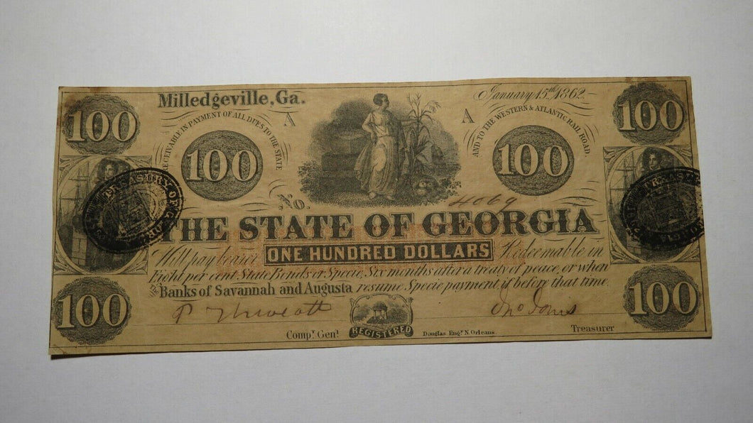 $100 1862 Milledgeville Georgia GA Obsolete Currency Bank Note Bill! State of GA