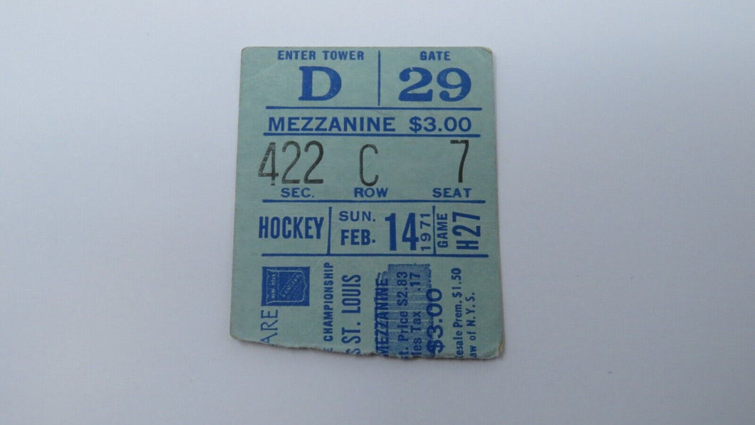 February 14, 1971 New York Rangers Vs. St. Louis Blues NHL Hockey Ticket Stub