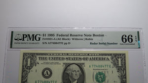 $1 1995 Radar Serial Number Federal Reserve Currency Bank Note Bill PMG UNC66EPQ