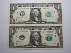 $1 2017 Uncut New York BEP Uncirculated Currency Sheet 2 Federal Reserve Notes