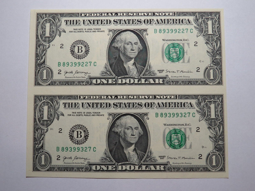 $1 2017 Uncut New York BEP Uncirculated Currency Sheet 2 Federal Reserve Notes