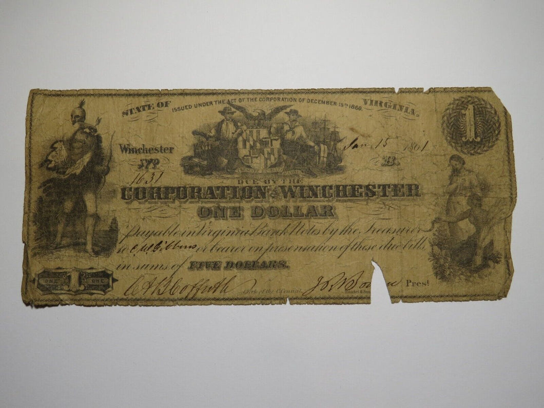 $1 1861 Winchester Virginia Obsolete Currency Bank Note Bill Corp. of Winchester