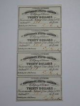 Load image into Gallery viewer, $20 1861 Confederate Bond Coupon Certificate Uncut Sheet Currency Bank Note Bill