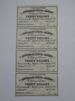 $20 1861 Confederate Bond Coupon Certificate Uncut Sheet Currency Bank Note Bill