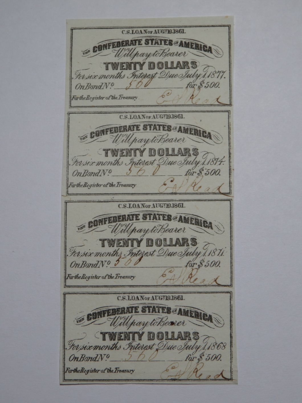 $20 1861 Confederate Bond Coupon Certificate Uncut Sheet Currency Bank Note Bill