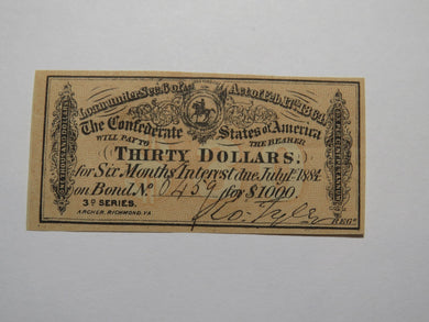$30 1864 Confederate Bond Coupon Certificate Currency Bank Note Bill AU