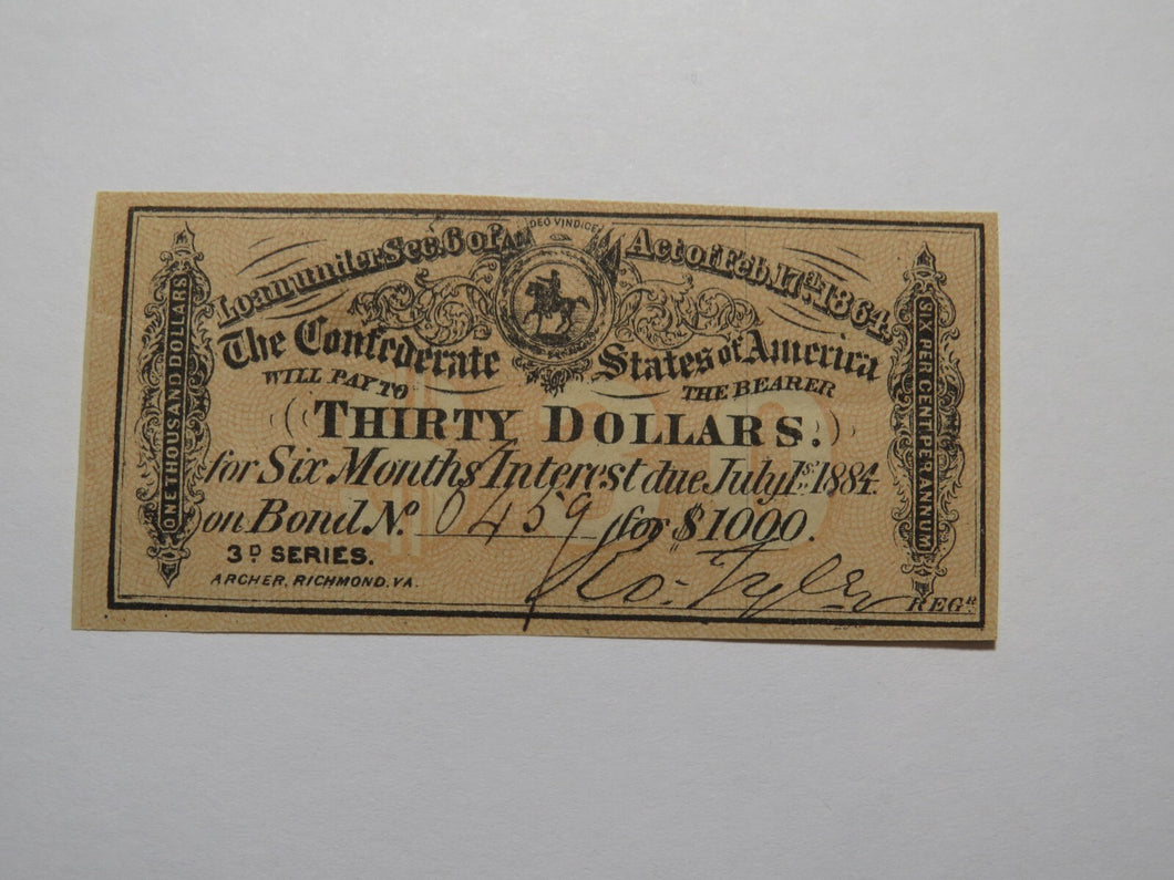 $30 1864 Confederate Bond Coupon Certificate Currency Bank Note Bill AU