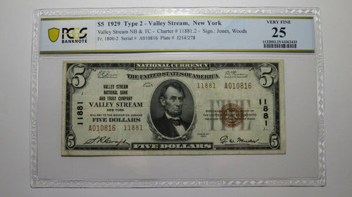 $5 1929 Valley Stream New York National Currency Bank Note Bill #11881 VF25 PCGS