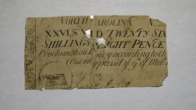 1754 Twenty Six Shillings North Carolina NC Colonial Currency Note Bill RARE 26s