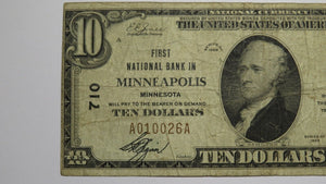 $10 1929 Minneapolis Minnesota MN National Currency Bank Note Bill Ch. #710 FINE
