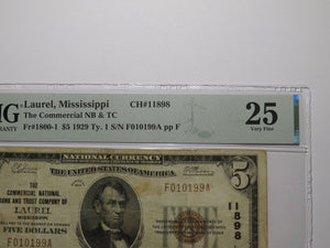 $5 1929 Laurel Mississippi National Currency Bank Note Bill Ch. #11898 VF25 PMG