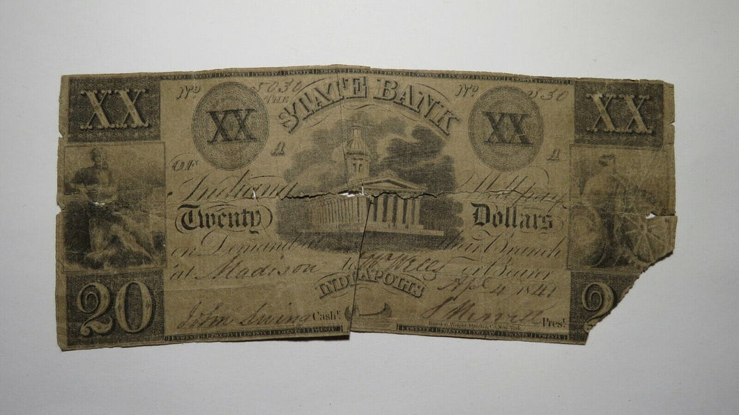 $20 1841 Indianapolis Indiana IN Obsolete Currency Bank Note Bill! State Bank