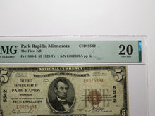 Load image into Gallery viewer, $5 1929 Park Rapids Minnesota MN National Currency Bank Note Bill Ch. #5542 VF20