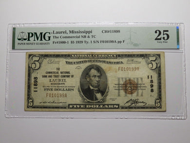 $5 1929 Laurel Mississippi National Currency Bank Note Bill Ch. #11898 VF25 PMG