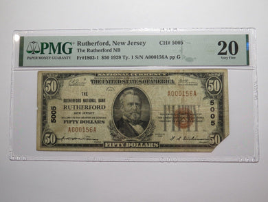 $50 1929 Rutherford New Jersey NJ National Currency Bank Note Bill Ch #5005 VF20