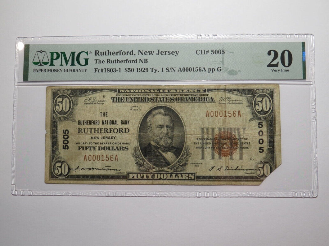 $50 1929 Rutherford New Jersey NJ National Currency Bank Note Bill Ch #5005 VF20