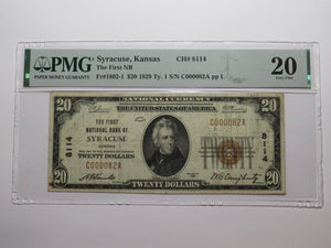 $20 1929 Syracuse Kansas KS National Currency Bank Note Bill Ch #8114 VF20 PMG