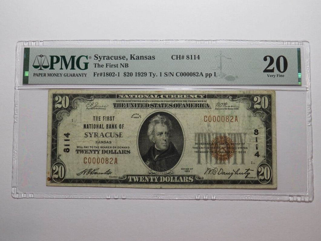 $20 1929 Syracuse Kansas KS National Currency Bank Note Bill Ch #8114 VF20 PMG