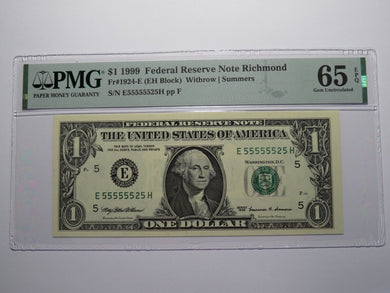 $1 1999 Near Solid Serial Number Federal Reserve Bank Note Bill UNC65 #55555525