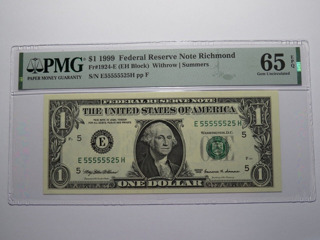 $1 1999 Near Solid Serial Number Federal Reserve Bank Note Bill UNC65 #55555525