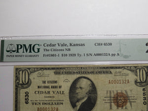 $10 1929 Cedar Vale Kansas KS National Currency Bank Note Bill Ch. #6530 VF20
