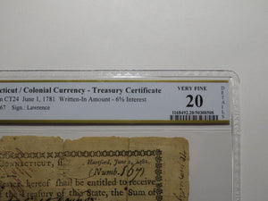 1781 Connecticut Treasury Certificate Colonial Currency Note Bill John Lawrence