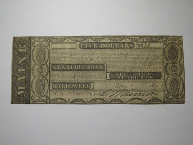 $5 1825 Hallowell Maine ME Obsolete Currency Bank Note Bill The Kennebec Bank