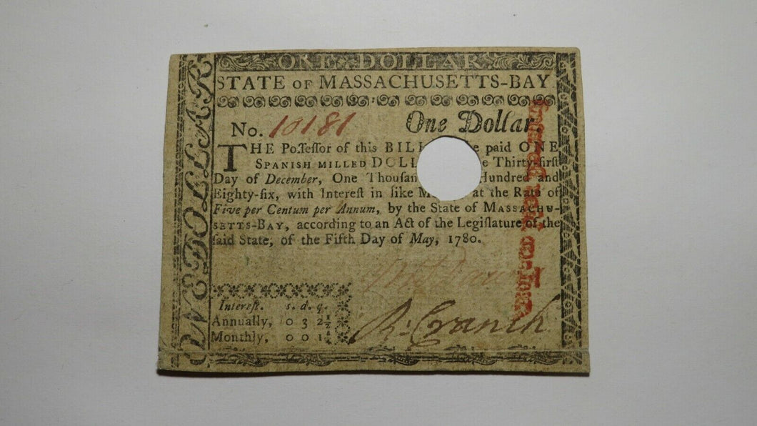 $1 1780 Massachusetts Bay MA Colonial Currency Note Bill One Dollar RARE Issue