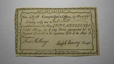 1790 5 Shillings Connecticut Comptroller's Office Colonial Currency Note Pomeroy
